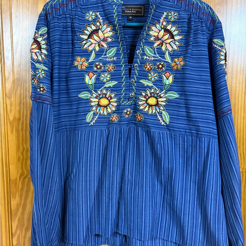 Double D Ranch Blue Embroidered Floral Top